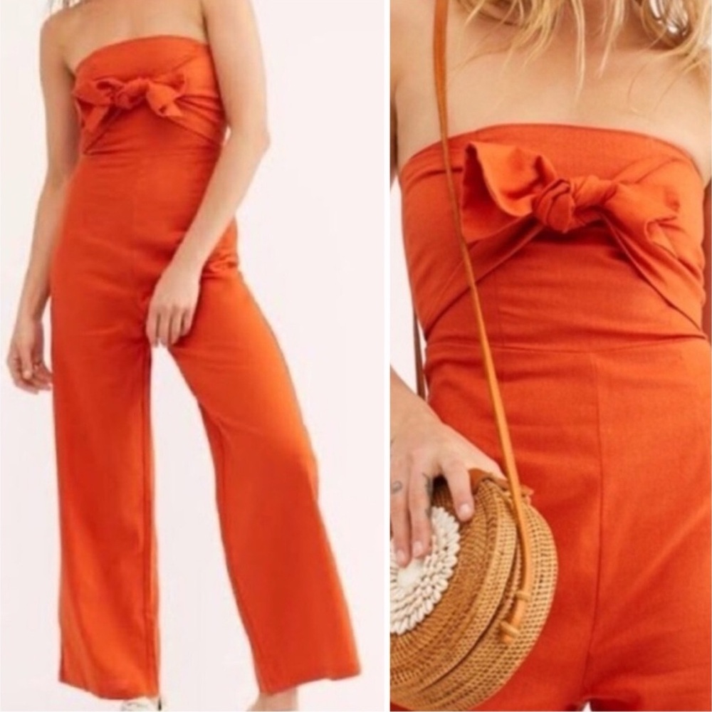 MinkPink x Free People Linen Blend Arizona Strapless Wide Leg Jumpsuit in Coral